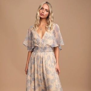 Subtle Romance Beige Floral Ruffle Midi Dress